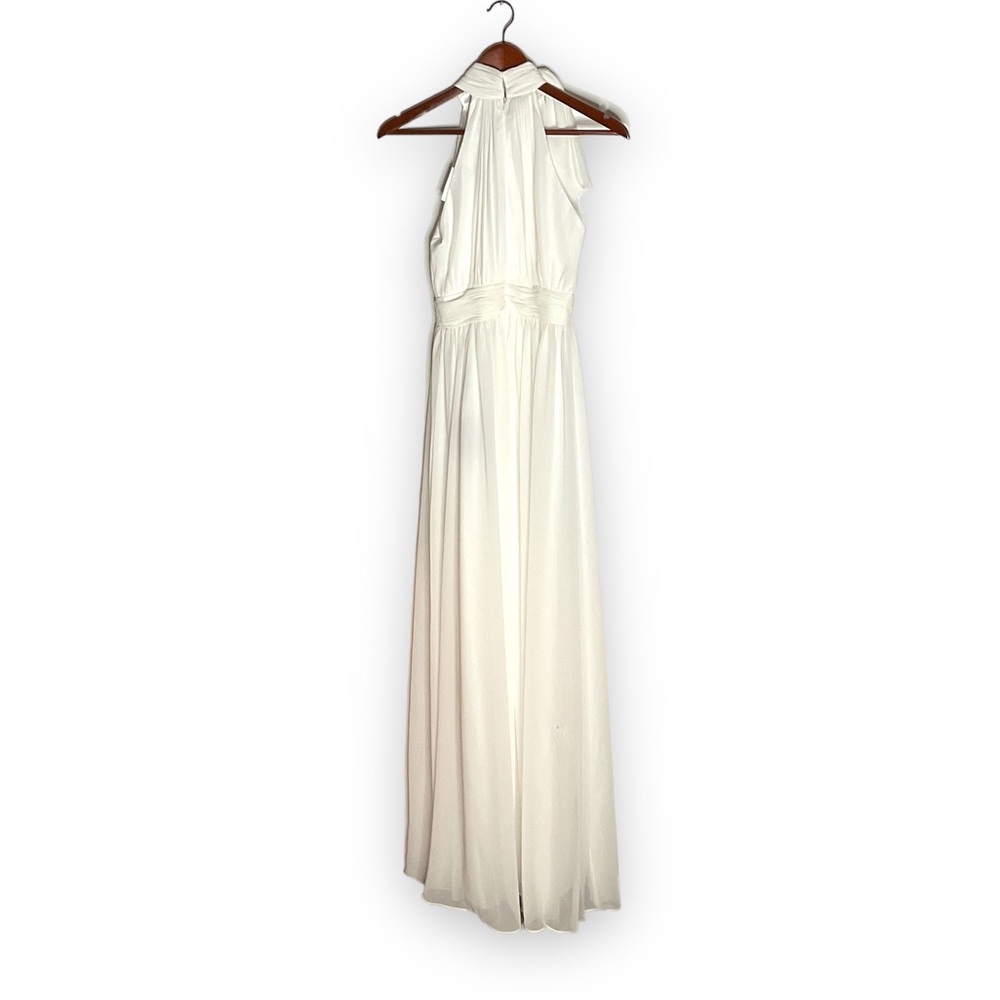 NWT Ieena for MacDuggal White High Neck Halter Gathered Bow Chiffon Maxi Gown - Picture 6 of 12